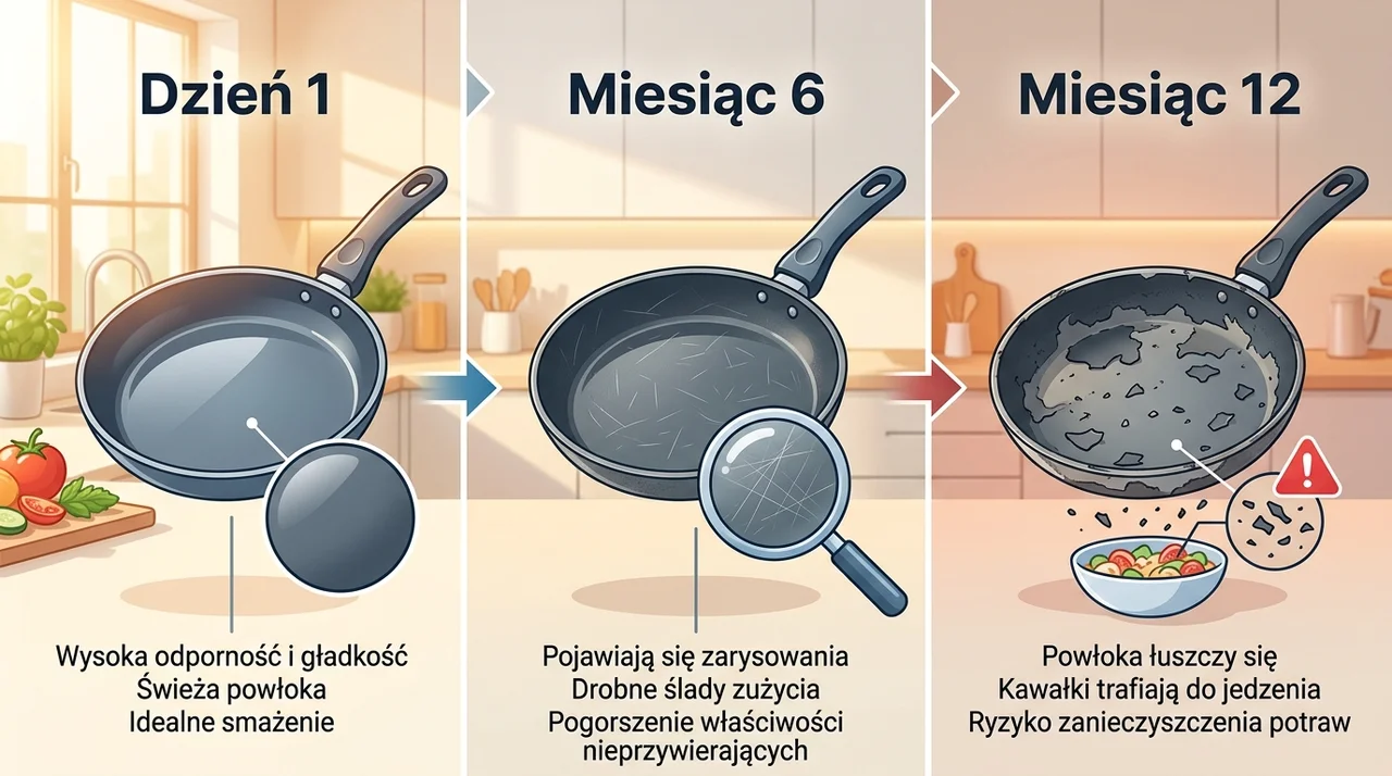 Degradacja patelni: Dzień 1, Miesiąc 6, Miesiąc 12